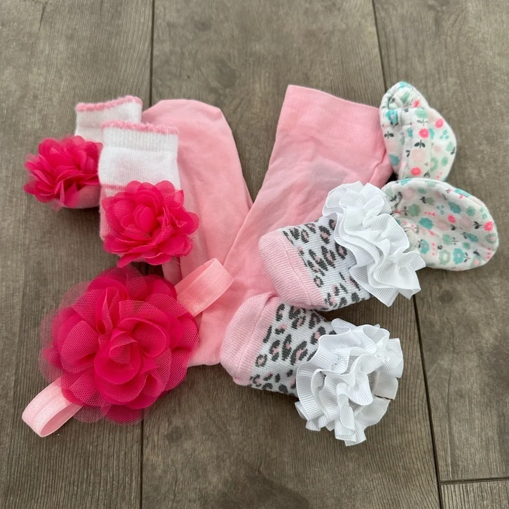0-6 m baby girl accessory lot -pantyhose, socks bundle, hair piece, hand booties